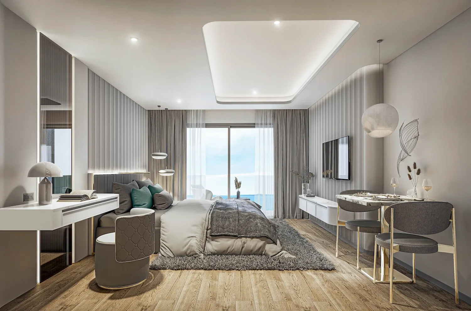 Спальня с бирюзовыми подушками и обеденной зоной, ЖК Dusit Sea Spire