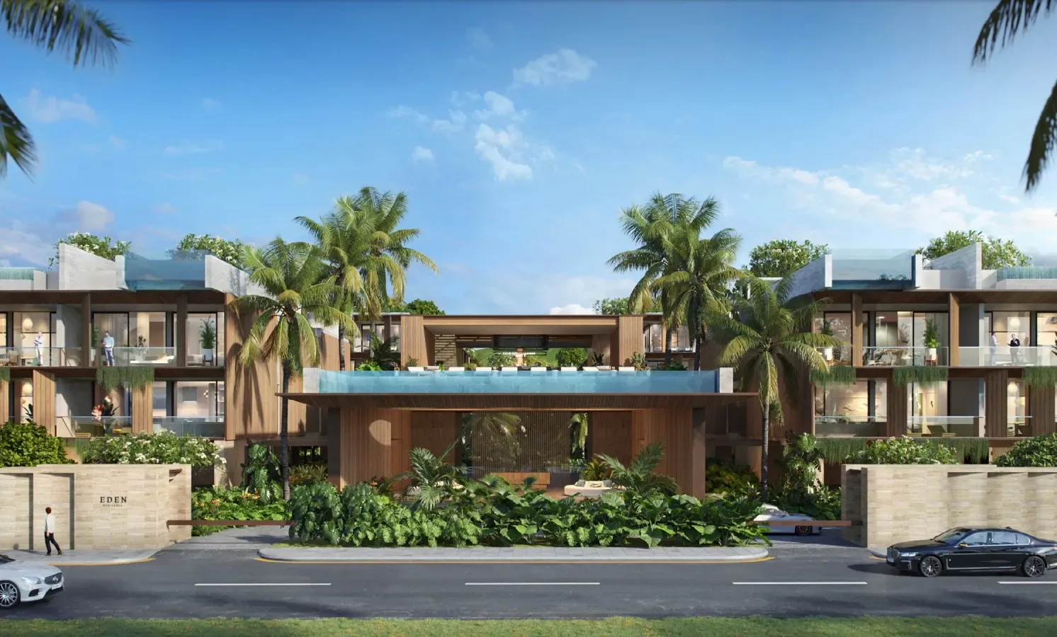 Главный въезд и бассейн-переход на общей территории Eden Residences, Лаян, Пхукет