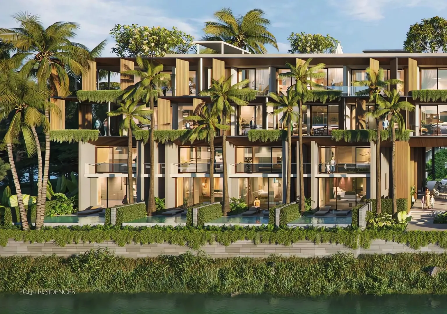 Фасад четырёхэтажного корпуса Eden Residences с озеленёнными террасами, Лаян, Пхукет