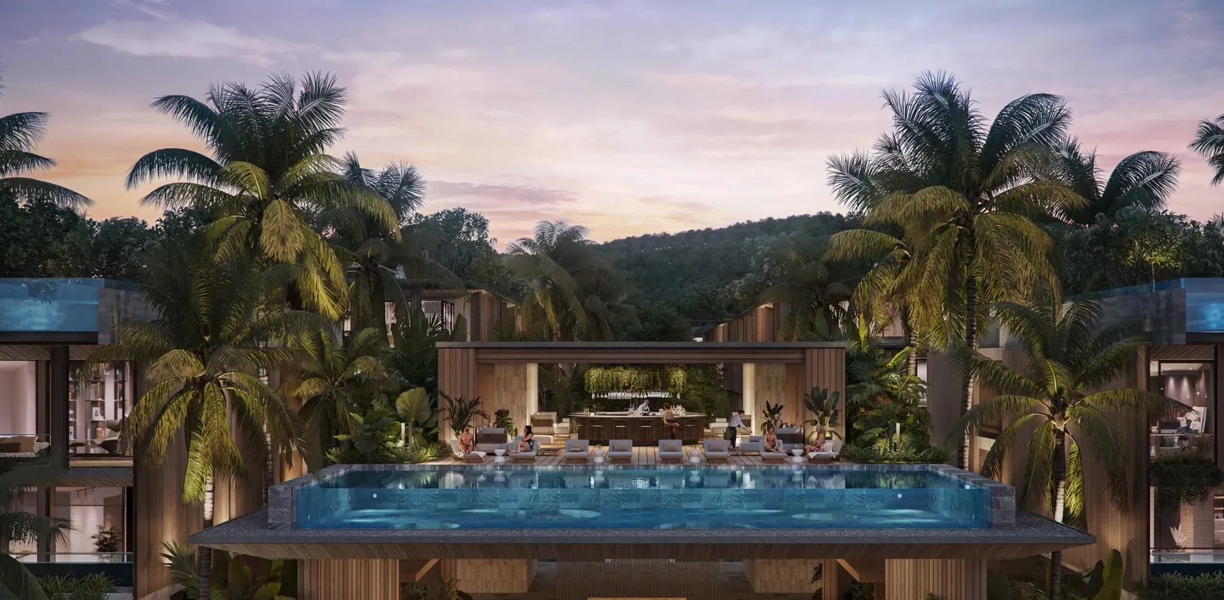 Бассейн на крыше Eden Residences на закате в окружении пальм, Лаян, Пхукет