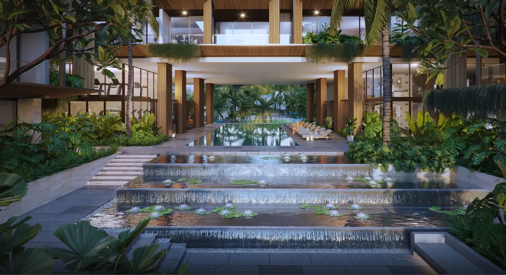 Открытое лобби с каскадом воды и тропическим садом в Eden Residences, Лаян, Пхукет