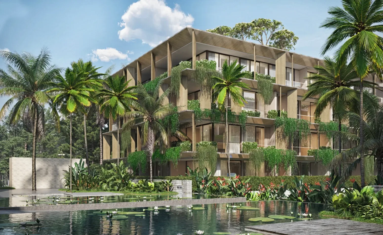 Жилой корпус Eden Residences у ландшафтного пруда с лотосами, Лаян, Пхукет