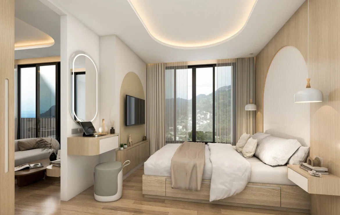 Спальня с туалетным столиком и видом на горы в Fantasea Condo Kamala, Камала, Пхукет