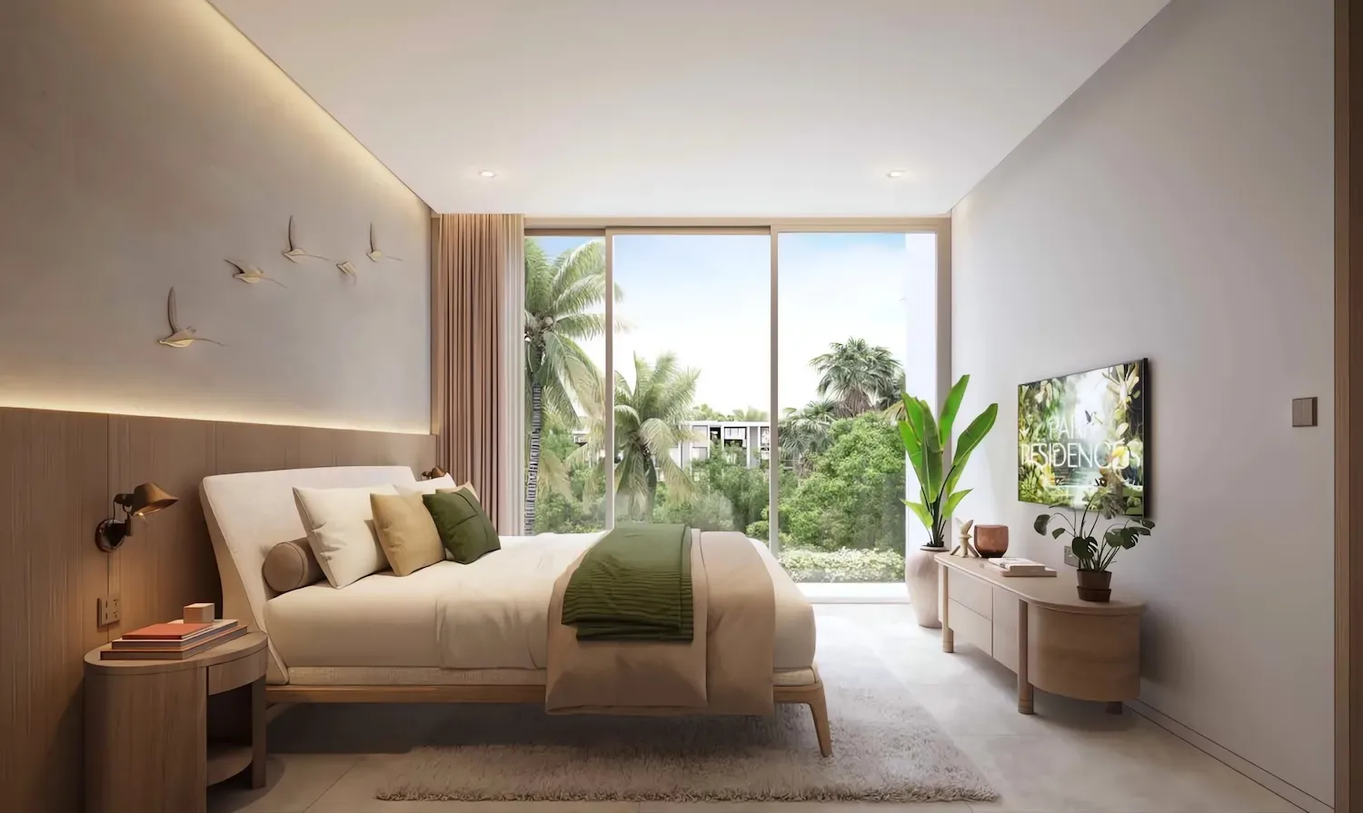 Спальня с панорамным окном и выходом на балкон в Gardens of Eden Park Residence, Банг-Тао, Пхукет