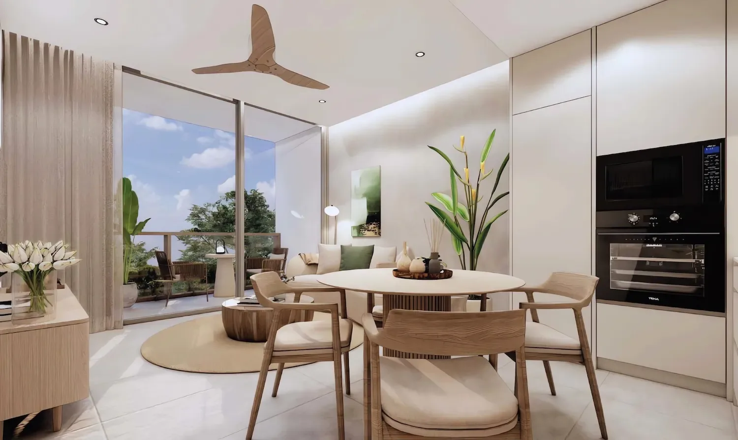 Обеденная зона и встроенная кухня со шкафами в квартире Gardens of Eden Park Residence, Банг-Тао, Пхукет