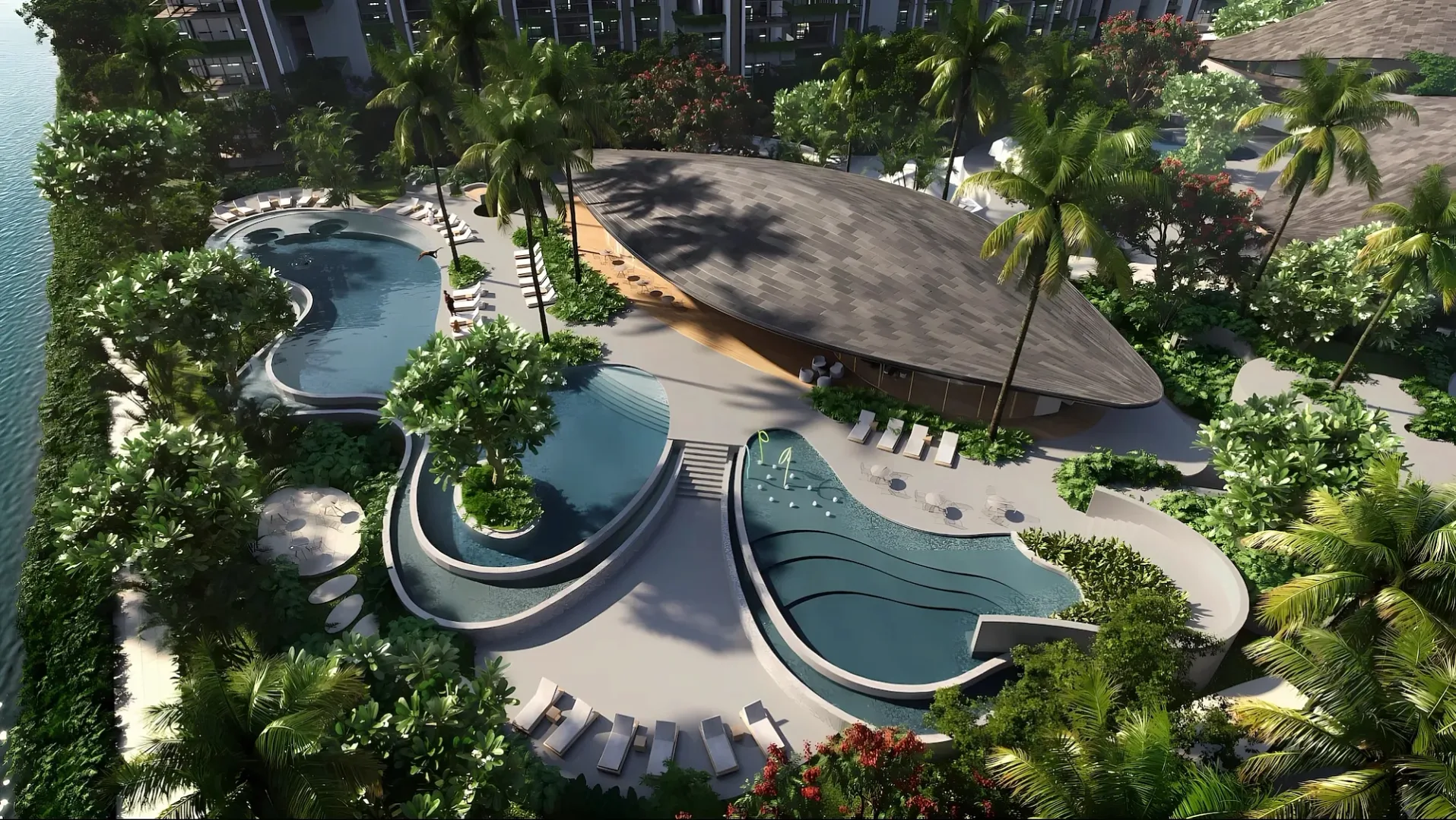 Клубный дом с бассейнами под лепестковой крышей с высоты, Gardens of Eden Park Residence, Банг-Тао, Пхукет