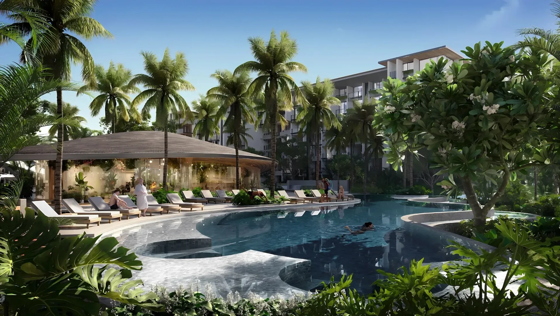 Бассейн с павильоном и пальмами на территории Gardens of Eden Park Residence, Банг-Тао, Пхукет