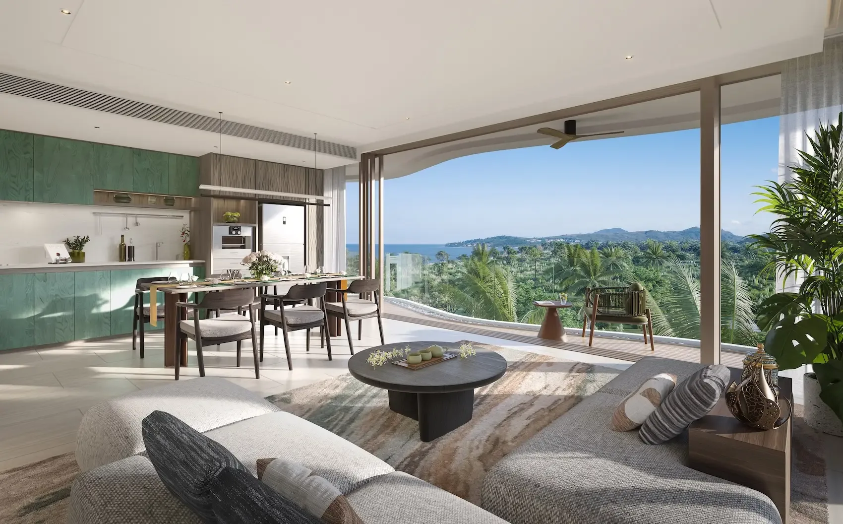 Гостиная с обеденной зоной и панорамным окном в квартире Garrya Residences, Банг-Тао, Пхукет