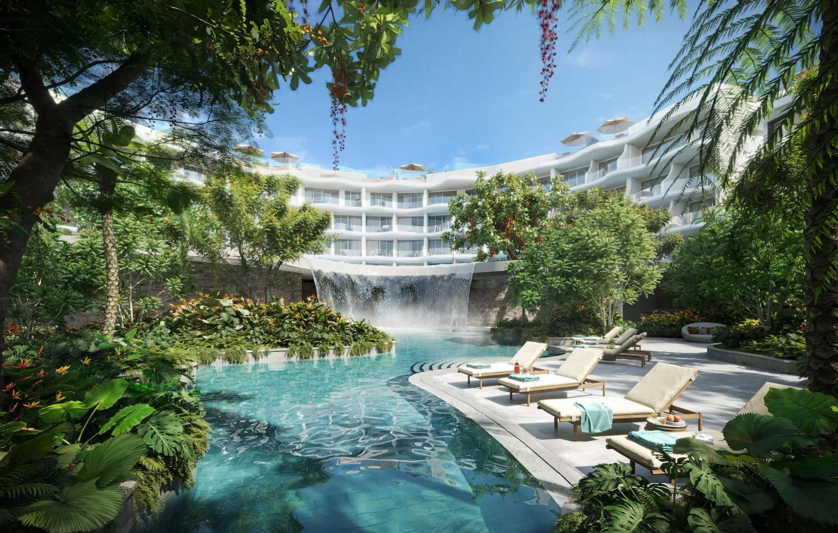Бассейн в джунглях с водопадом и шезлонгами, Garrya Residences, Банг-Тао, Пхукет