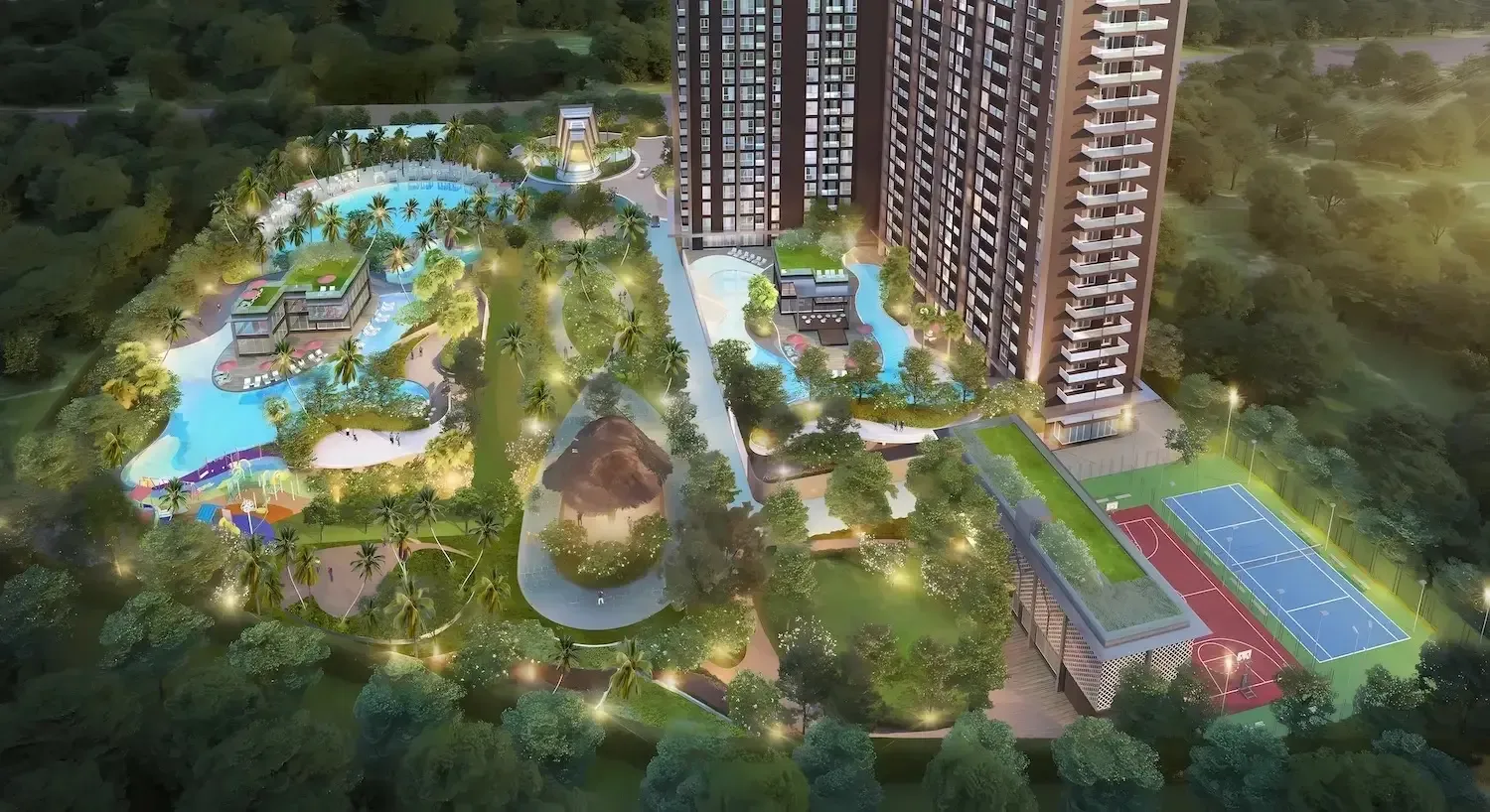 Аэрофото территории ЖК Grand Solaire с бассейнами, детской площадкой и теннисным кортом, Джомтьен