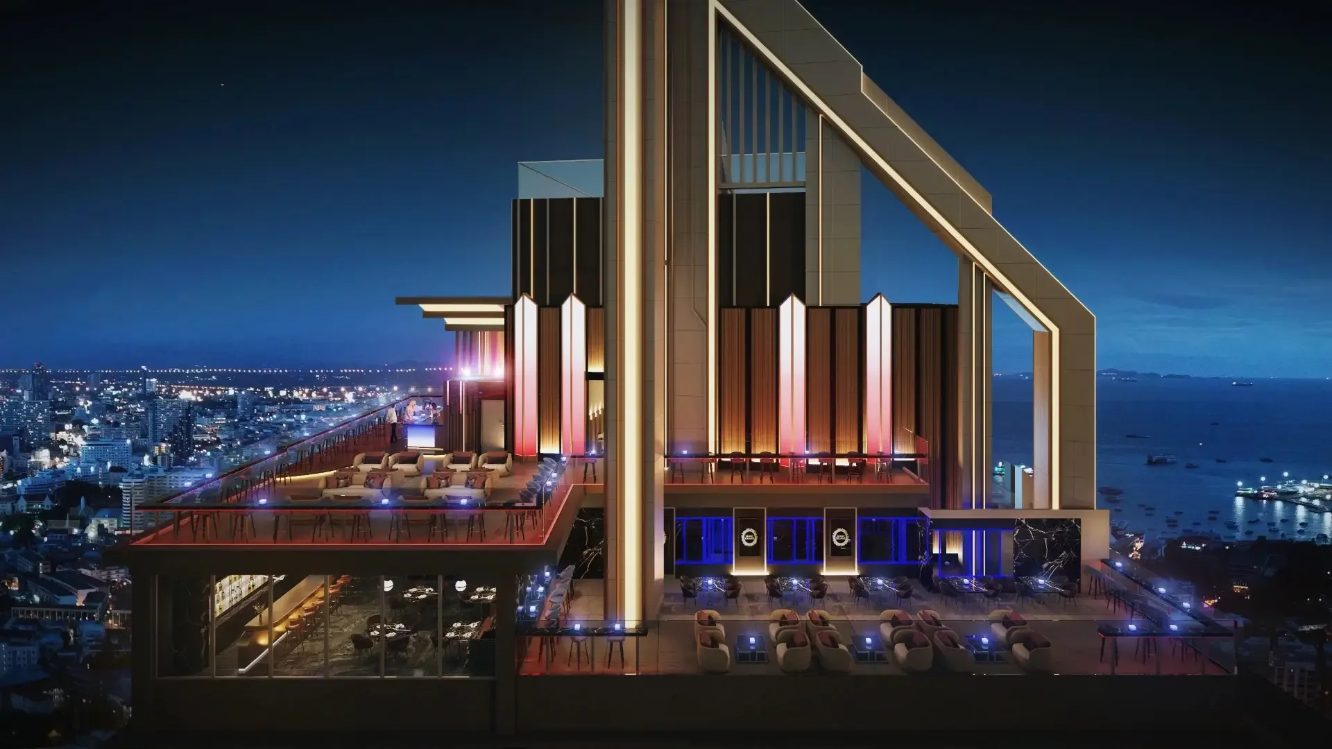 Ресторан и лаундж на крыше ЖК Grand Solaire с видом на ночную Паттайю