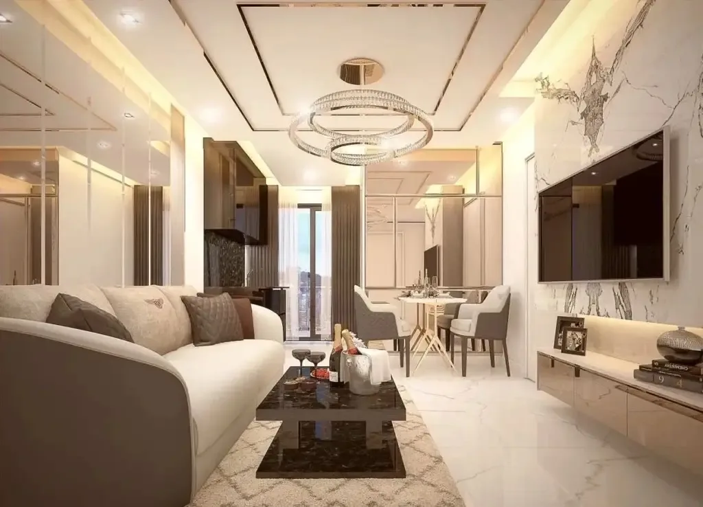 Гостиная со столовой зоной, отделка апартаментов ЖК Grand Solaire, Джомтьен