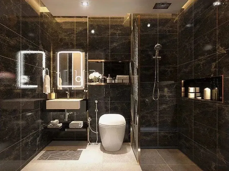 Ванная комната в темном мраморе с душевой, отделка ЖК Grand Solaire