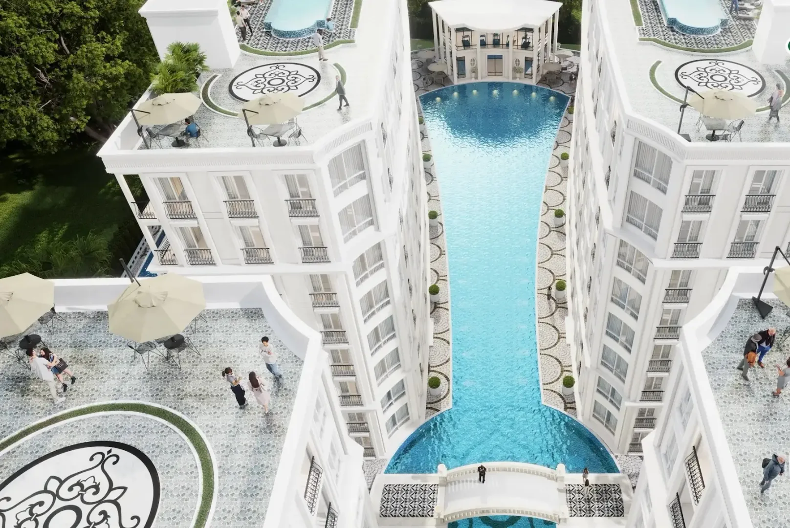Аэрофото внутреннего двора ЖК Harmonia City Garden с бассейном между корпусами, Джомтьен