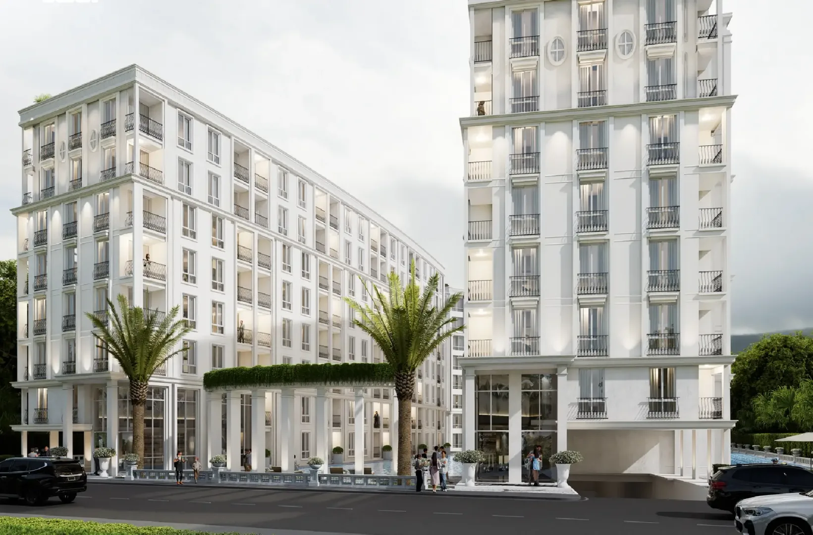 Фасад с колоннадой и пальмами у входа в ЖК Harmonia City Garden, Джомтьен