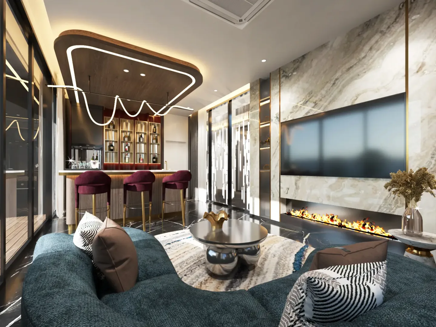 Гостиная с мраморной стеной, баром и мягкой мебелью в вилле Harmony Hills Villas, Хуай-Яй, Паттайя