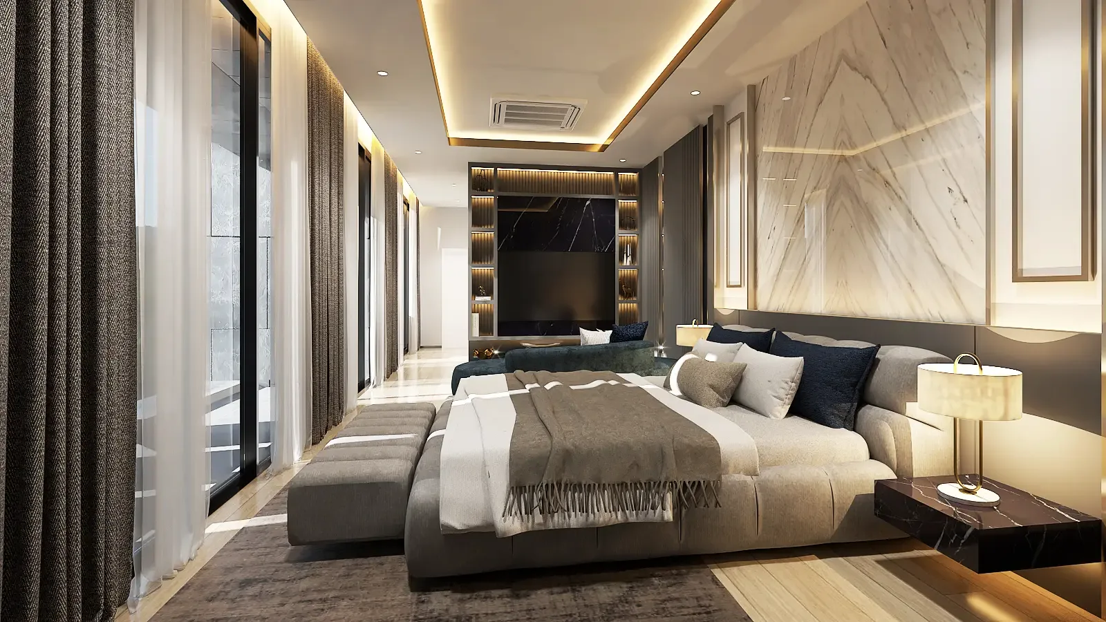 Спальня с кроватью king size и панорамным окном, вилла Harmony Hills Villas, Хуай-Яй, Паттайя