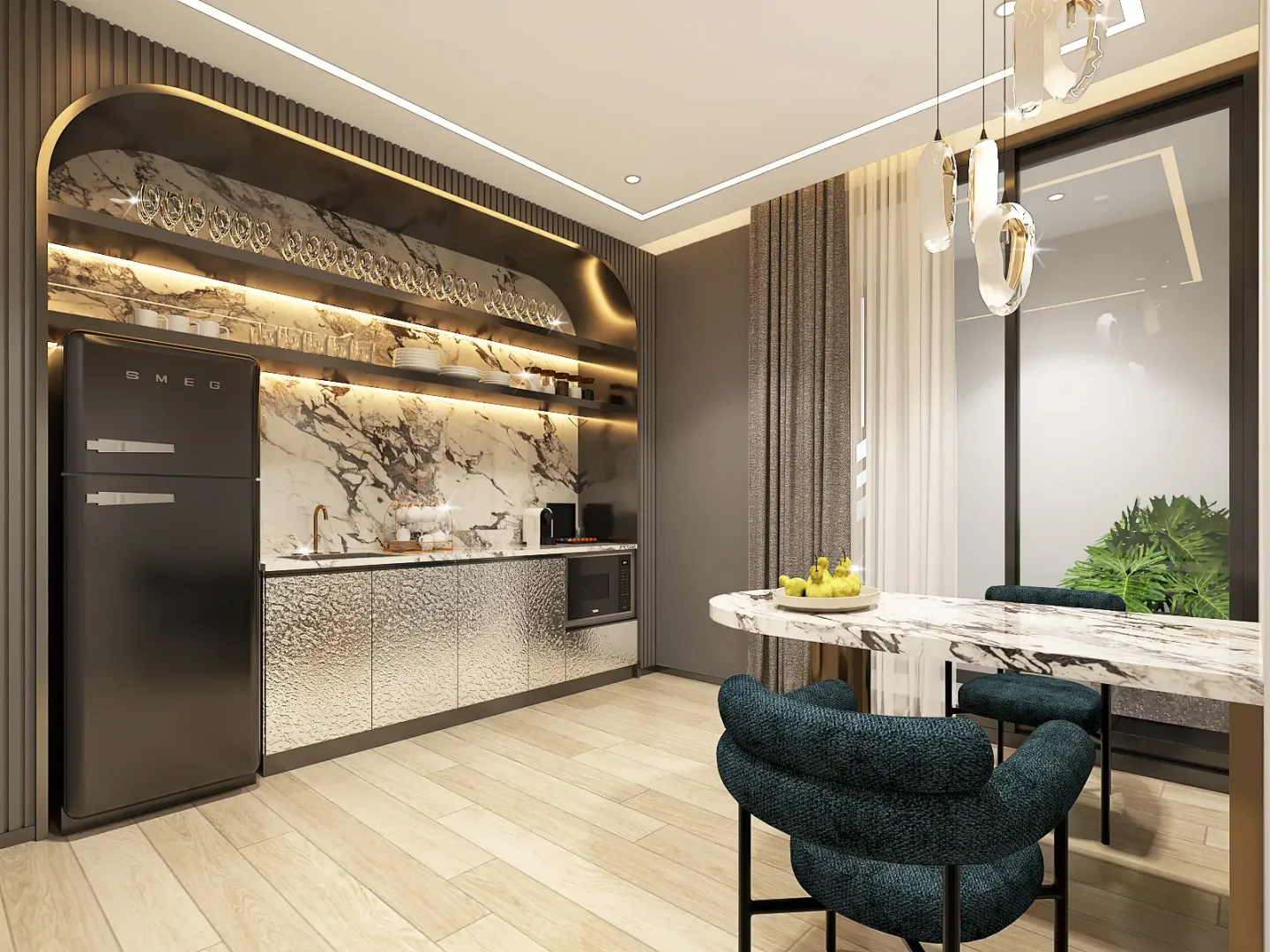 Кухня с островом, барными стульями и встроенной техникой в вилле Harmony Hills Villas, Паттайя