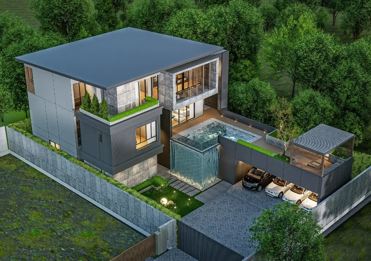 Вид сверху на участок виллы с бассейном и парковкой, Harmony Hills Villas, Хуай-Яй, Паттайя