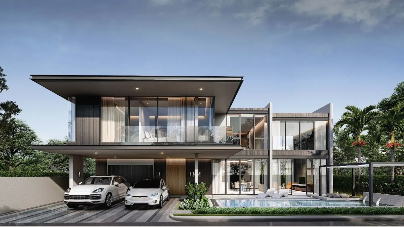 Фасад виллы с панорамным остеклением в вечернем свете, Highland Park Pool Villas, Хуай-Яй, Паттайя