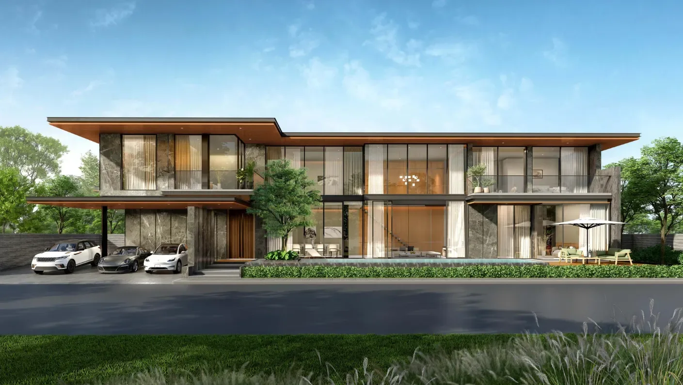 Рендер виллы Elysia с крытой парковкой и садом, посёлок Highland Park Pool Villas, Хуай-Яй, Паттайя