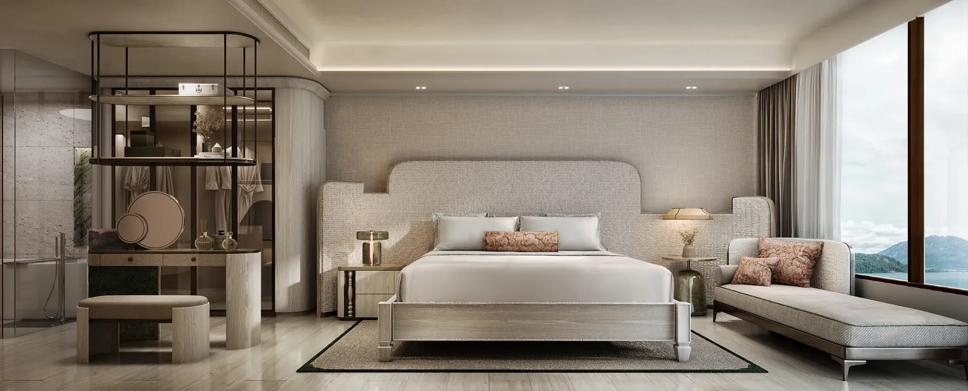 Спальня с мягким изголовьем и панорамным окном в апартаментах InterContinental Kamala, Камала