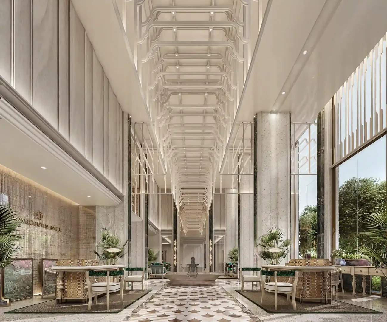 Высокий атриум лобби с перанаканским декором в резиденциях InterContinental Kamala, Пхукет