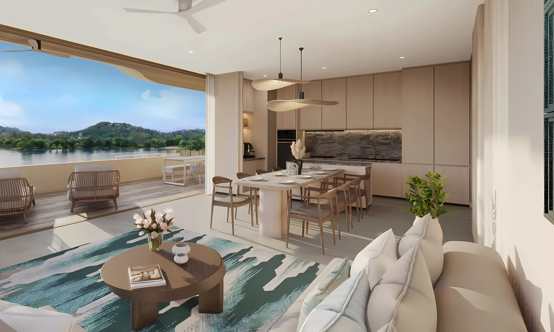 Гостиная-столовая с кухней и выходом на террасу к лагуне, Laguna Beach Residences Bayside, Банг-Тао, Пхукет