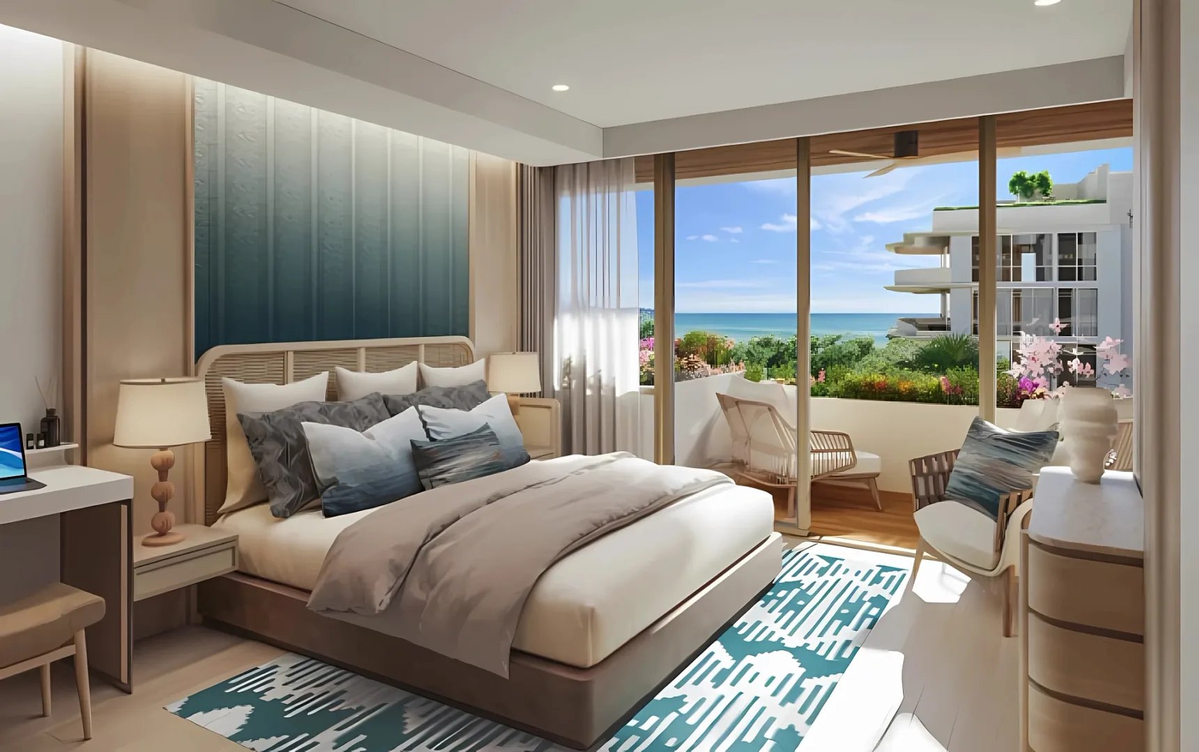 Спальня с панорамным остеклением и видом на море в квартире Laguna Beach Residences Bayside, Банг-Тао, Пхукет