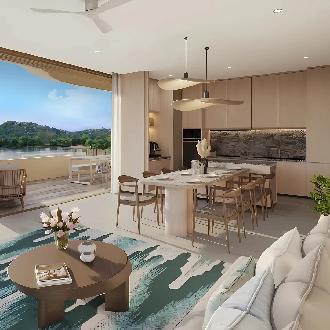 Обеденная зона и кухня трёхспальной резиденции с видом на озеро, Laguna Beach Residences Bayside, Банг-Тао, Пхукет