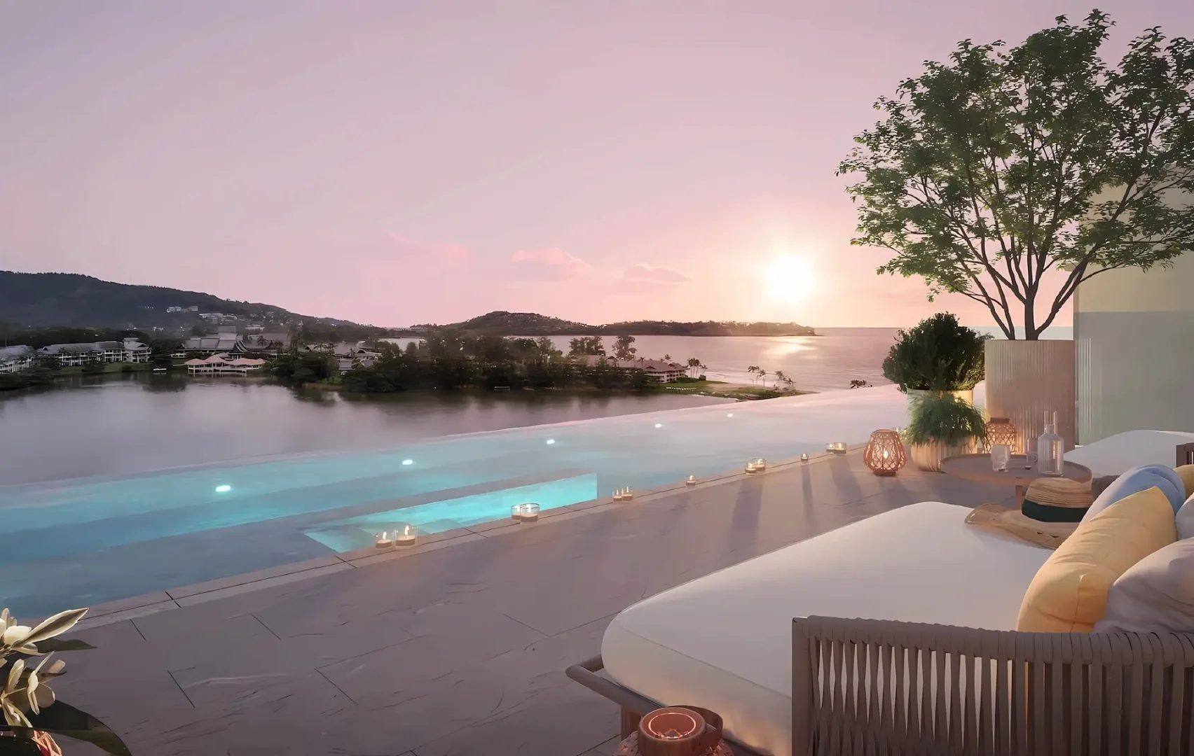 Крыша резиденции с бассейном, лаунжем и панорамой Банг-Тао вечером, Laguna Beach Residences Bayside, Пхукет