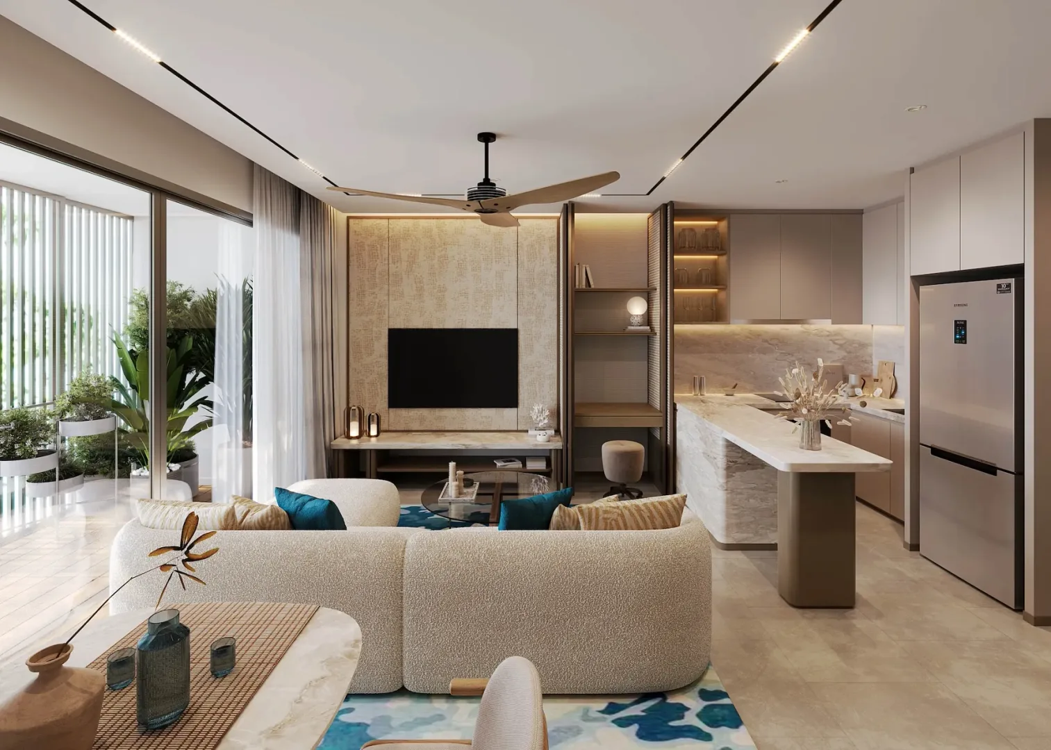 Гостиная с кухней и выходом на балкон в квартире Laguna Lakeside Residence 2, Банг-Тао, Пхукет