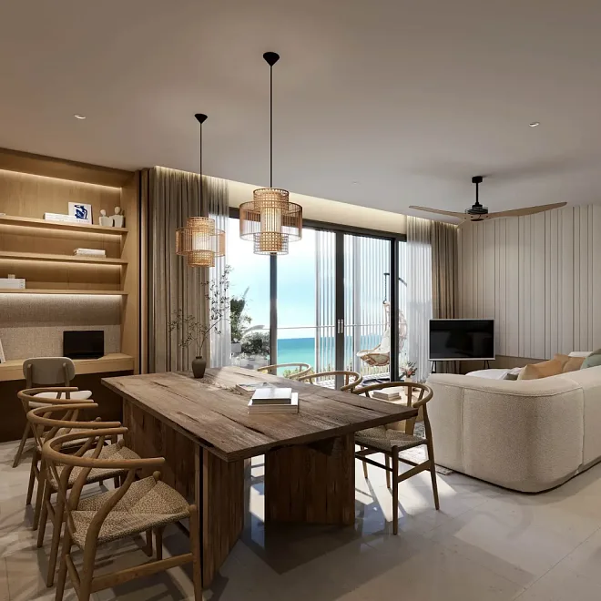 Обеденная зона с деревянным столом и видом на море, Laguna Lakeside Residence 2, Банг-Тао, Пхукет