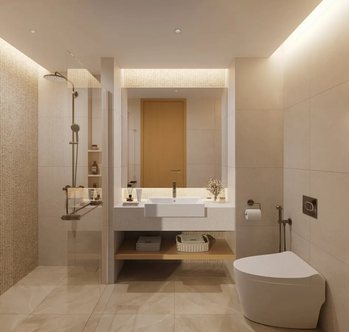Ванная комната с душевой и подсветкой зеркала в Laguna Lakeside Residence 2, Банг-Тао, Пхукет