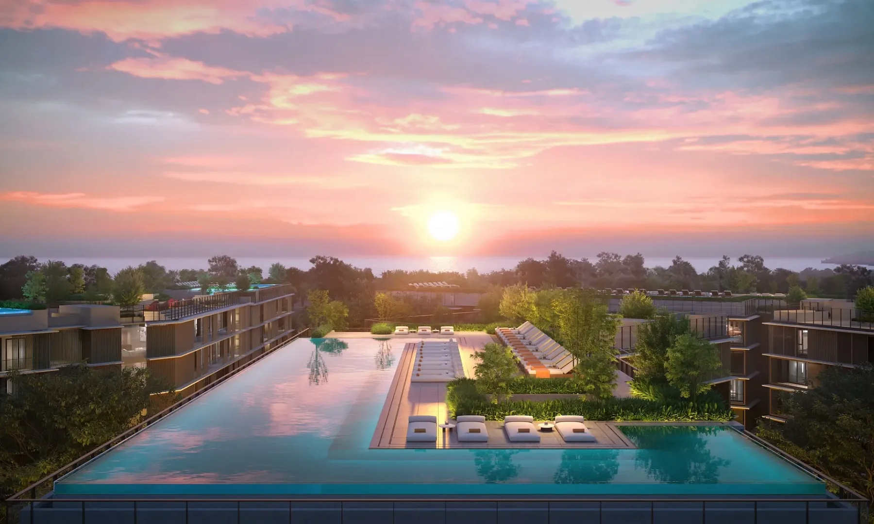 Панорамный бассейн на закате в кондоминиуме Laguna Lakeside Residence 2, Банг-Тао, Пхукет