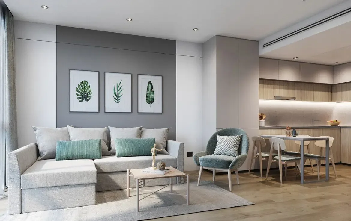 Гостиная с диваном и обеденной зоной в апартаментах Layan Green Park 2, Лаян, Пхукет