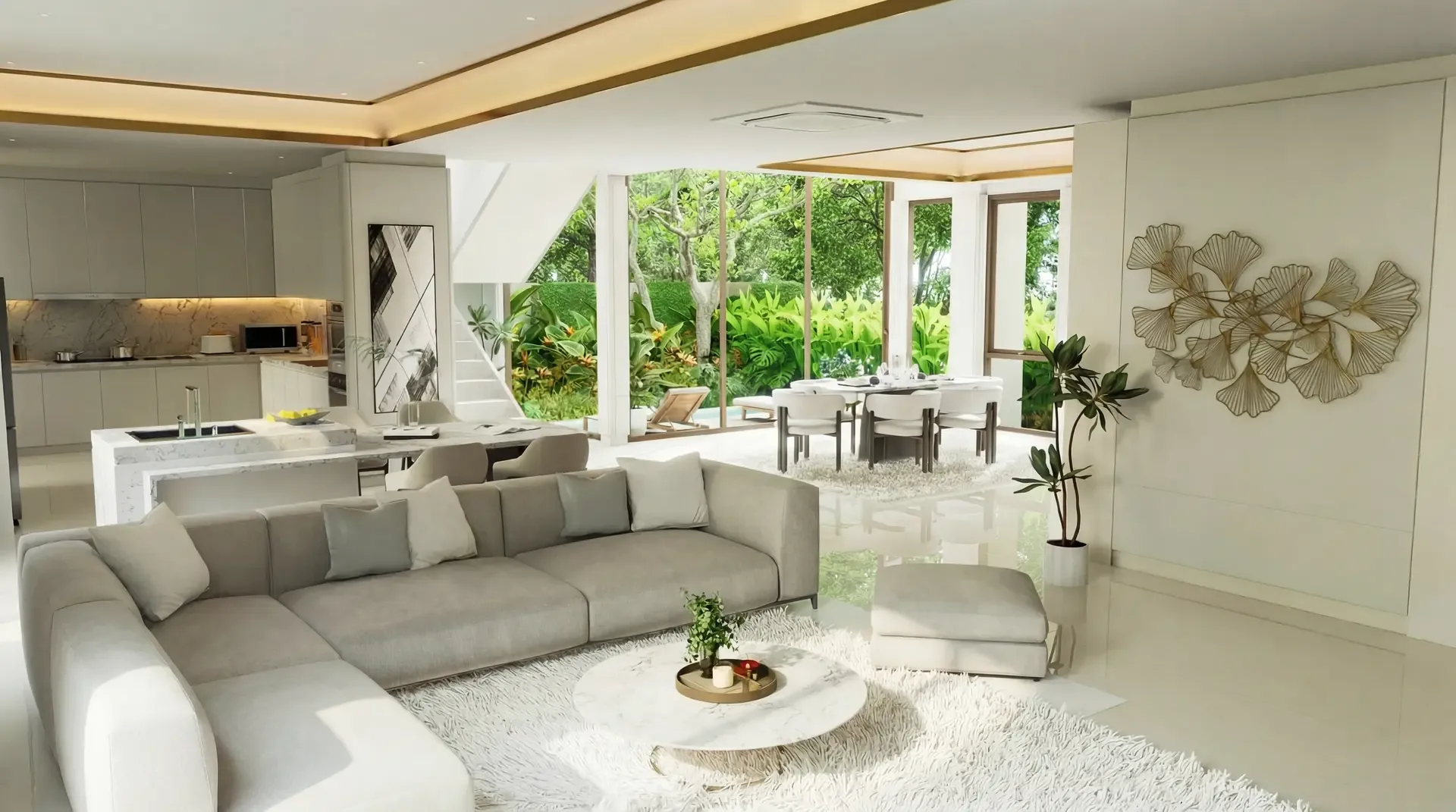 Гостиная виллы с панорамными окнами в сад, отделка LUMINA Luxury Pool Villa, Наклуа, Паттайя