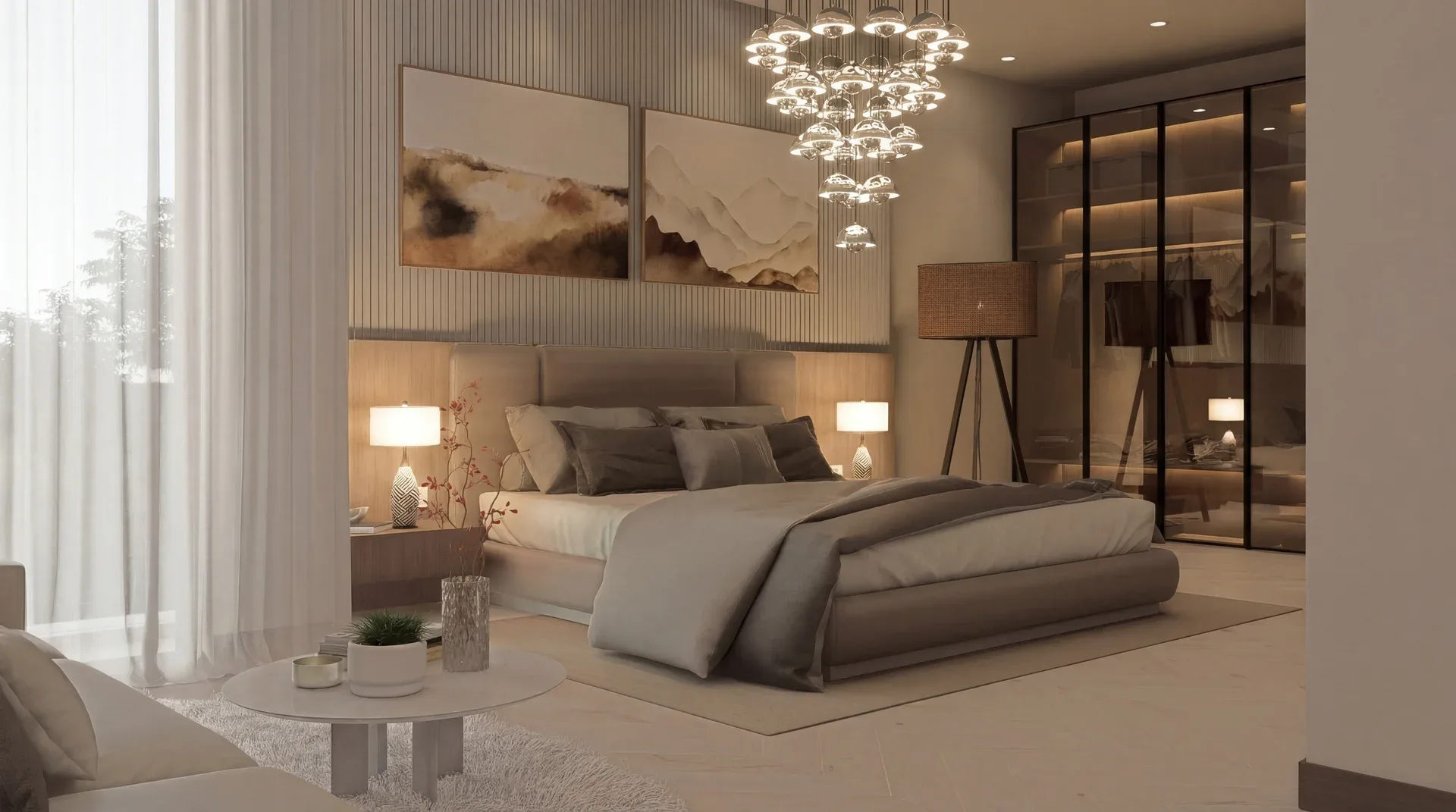 Мастер-спальня с кроватью king size и гардеробом в вилле LUMINA Luxury Pool Villa, Наклуа, Паттайя