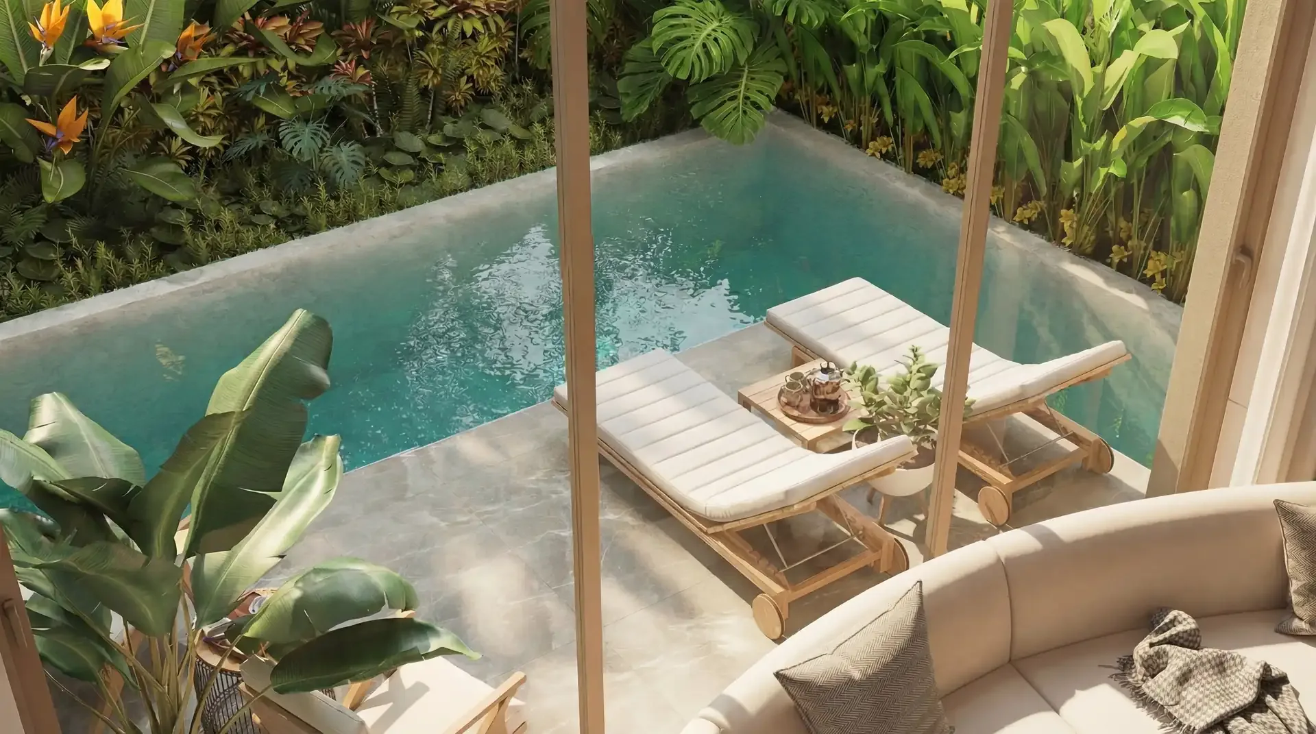 Приватный бассейн и терраса с шезлонгами у виллы LUMINA Luxury Pool Villa, Наклуа, Паттайя