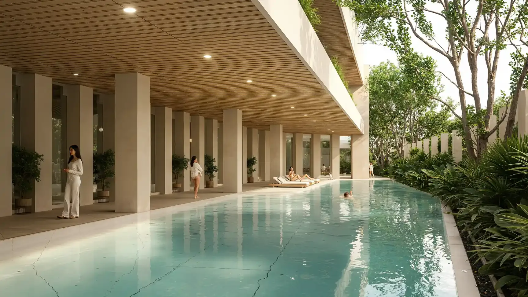 Крытый бассейн-дорожка под колоннадой клубного дома LUMINA Luxury Pool Villa, Наклуа, Паттайя