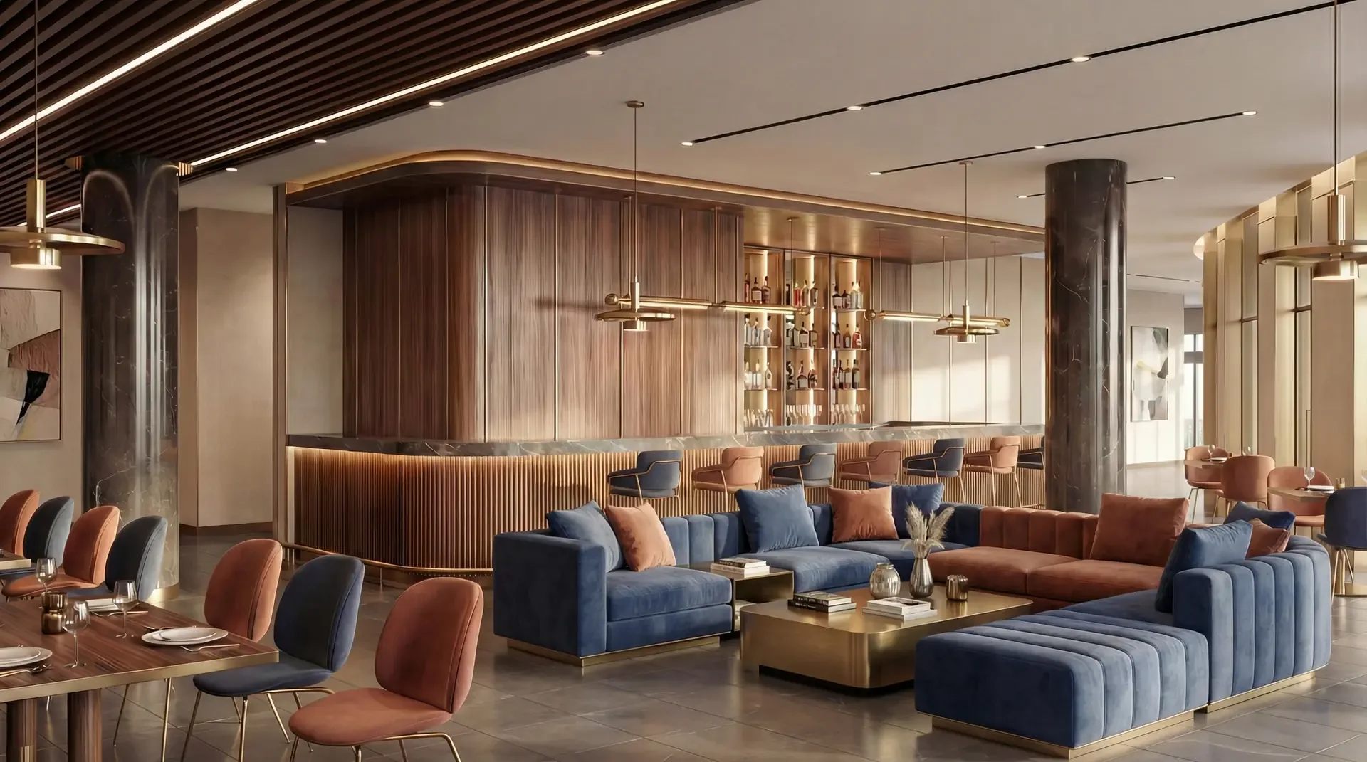 Лаундж клубного дома с баром и диванами для резидентов LUMINA Luxury Pool Villa, Наклуа, Паттайя