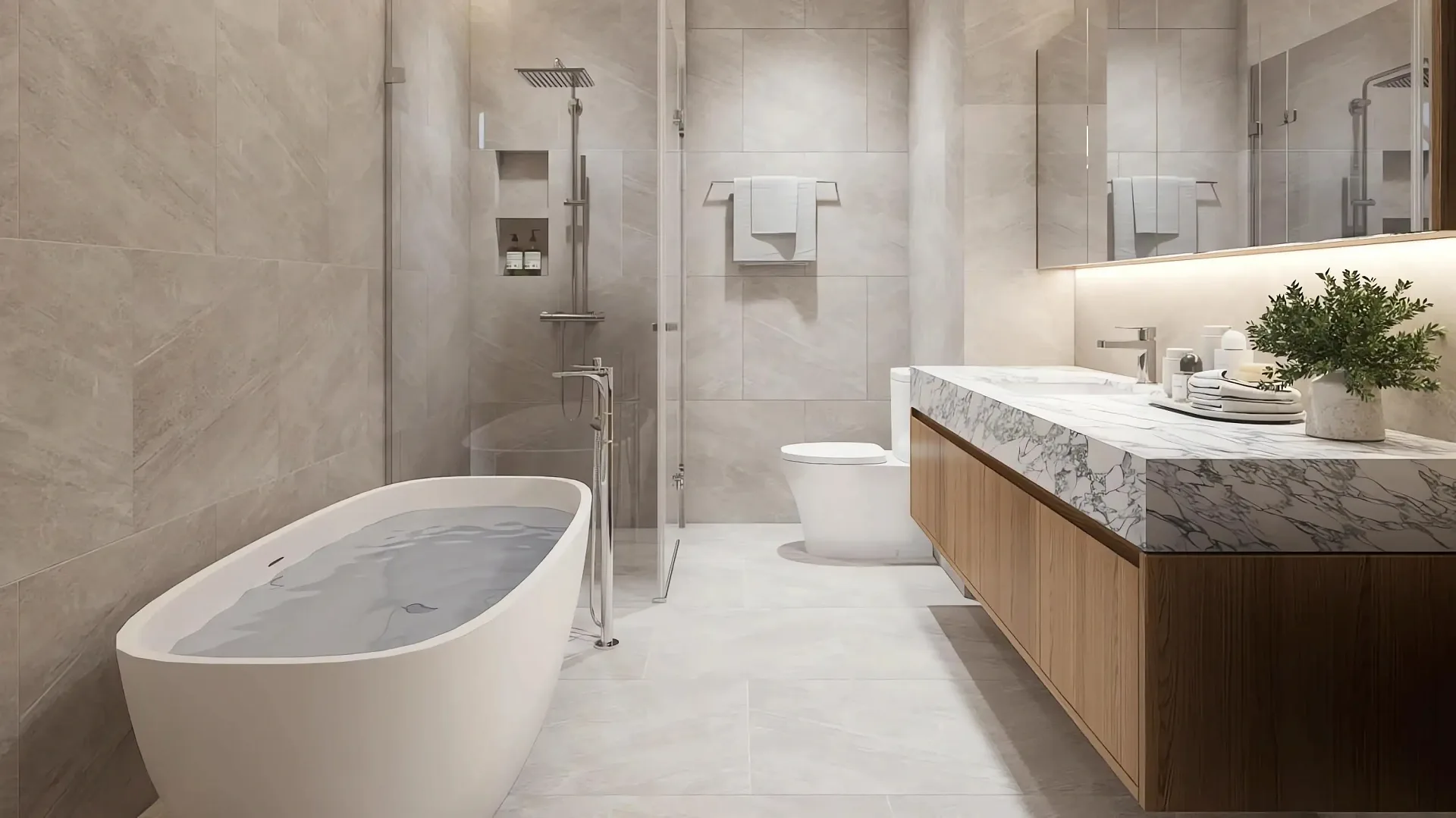 Ванная комната виллы Luxury Vista Villa с отдельно стоящей ванной и душем, Паттайя