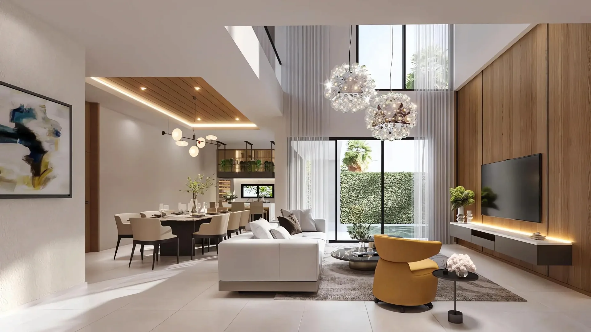 Двусветная гостиная виллы Luxury Vista Villa с высоким потолком и окнами в пол, Паттайя