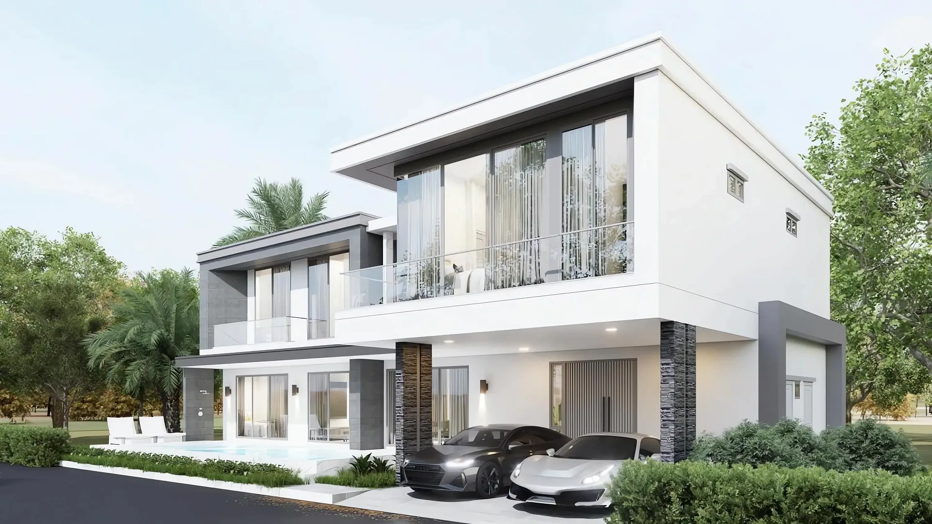 Фасад двухэтажной виллы Luxury Vista Villa с гаражом и панорамными окнами, Паттайя