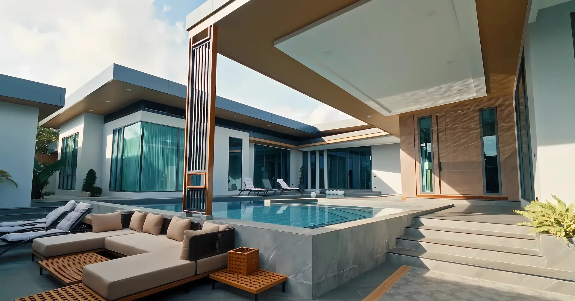 Фасад виллы с навесом и зоной отдыха у бассейна, M Mountain Grand Villa, Джомтьен, Паттайя