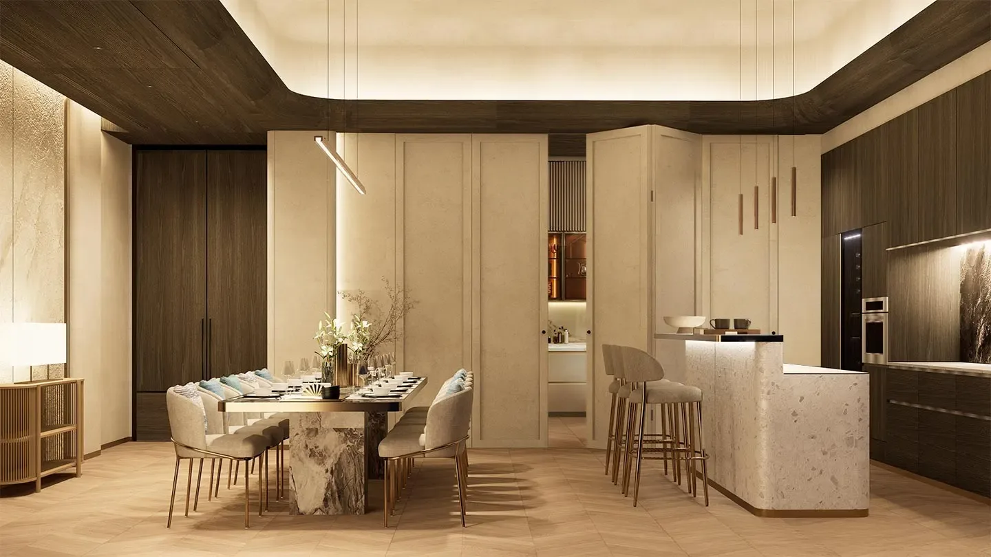 Кухня-столовая с барной стойкой, отделка апартаментов ЖК Once Wongamat, Паттайя