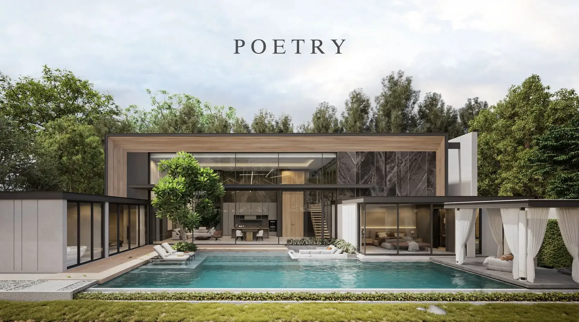 Фасад одноэтажной виллы Poetry Villas с бассейном и террасой, Банг-Тао, Пхукет