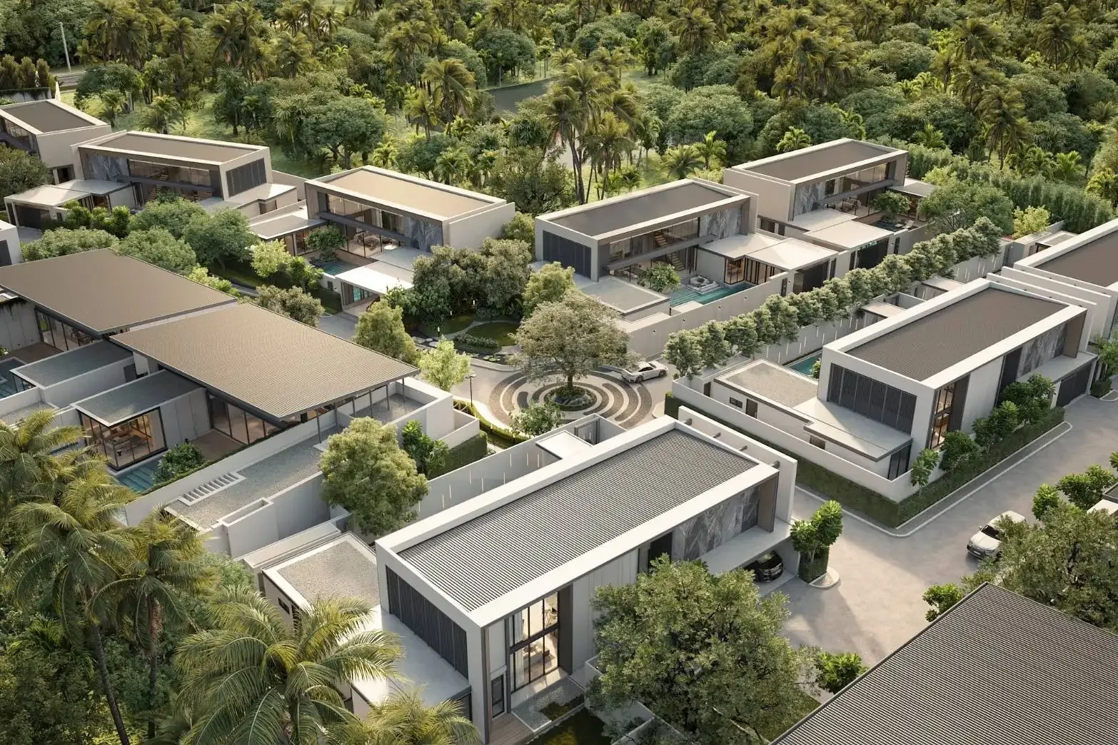 Посёлок Poetry Villas с высоты: виллы с плоскими крышами среди зелени, Банг-Тао, Пхукет
