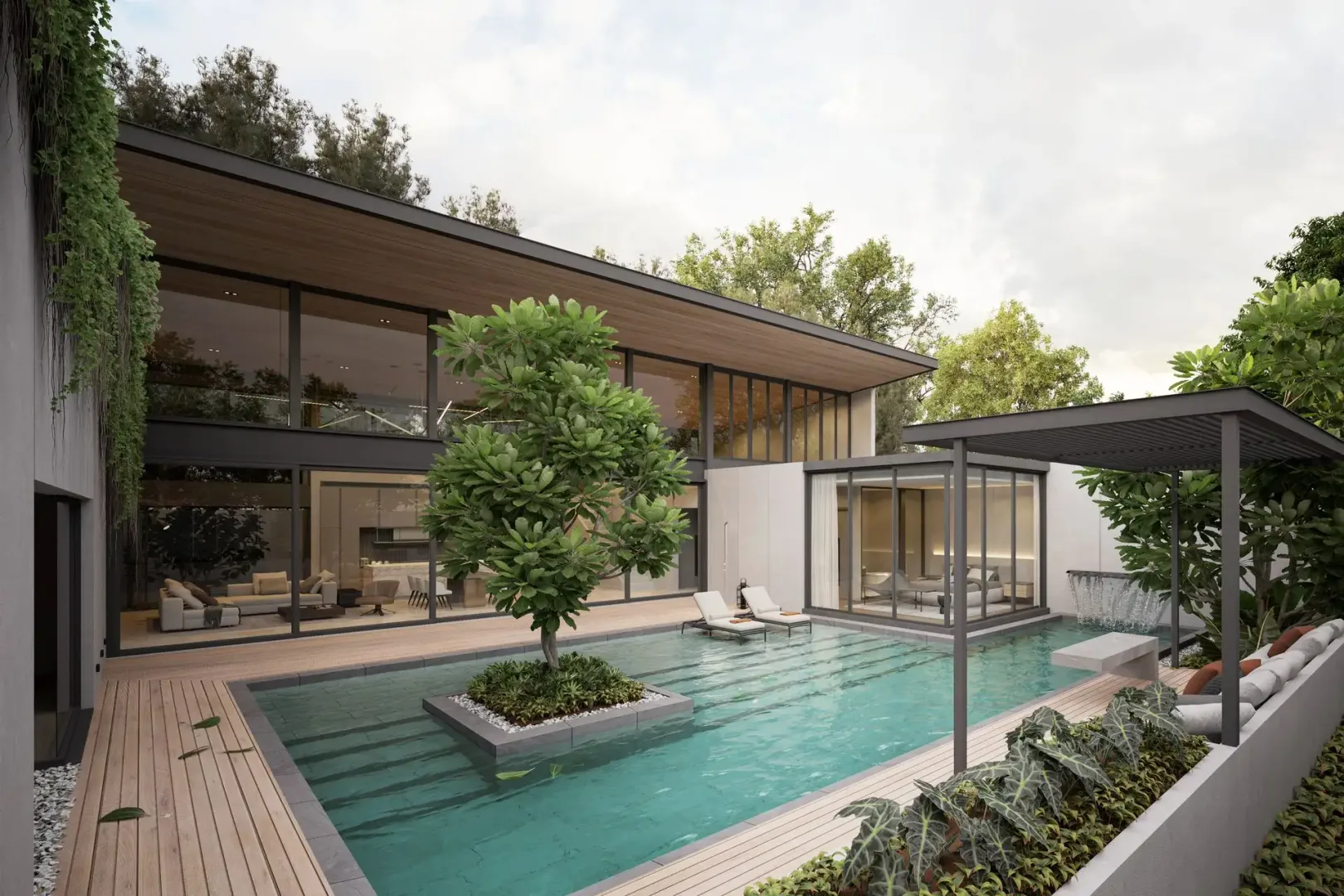 Внутренний двор виллы Poetry Villas с бассейном и деревом на террасе, Банг-Тао, Пхукет