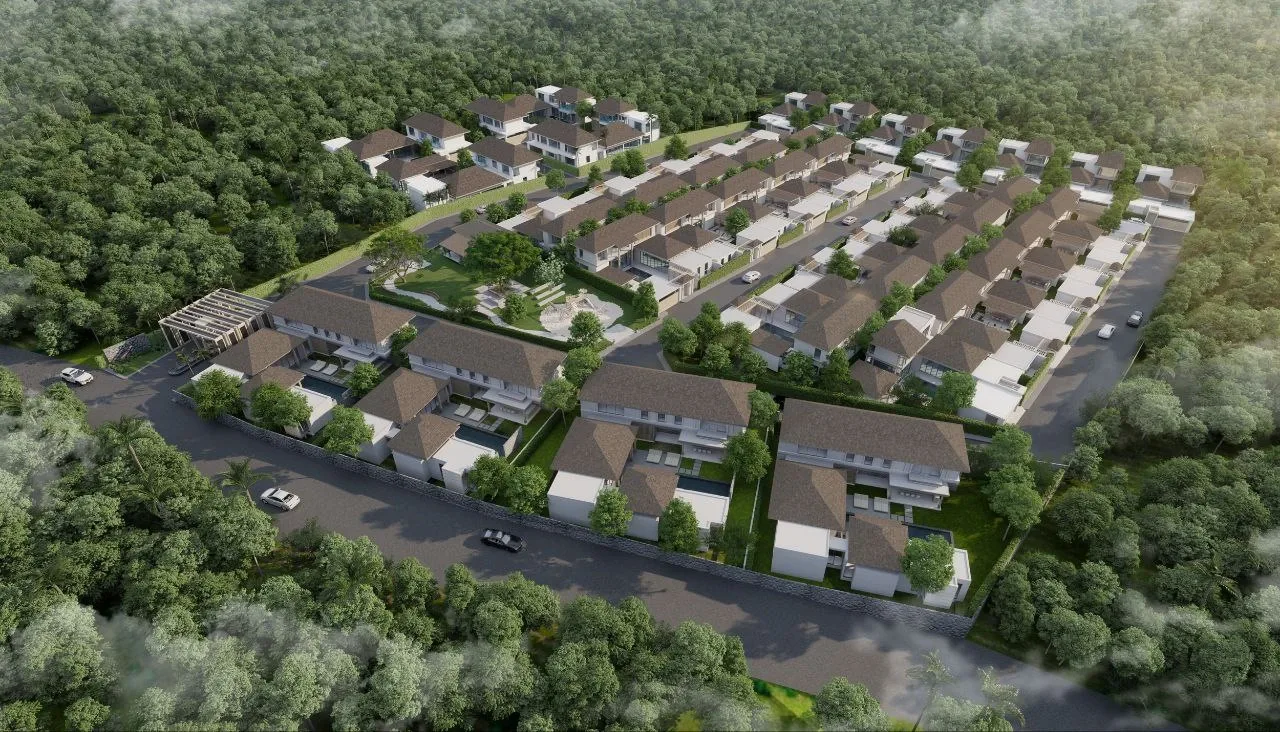 Вид сверху на территорию посёлка вилл QAV Residence среди зелени, Банг-Тао, Пхукет